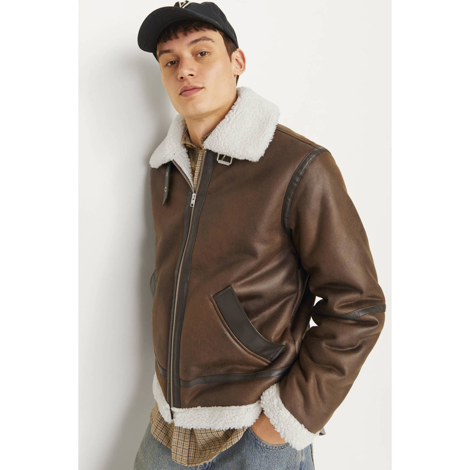 JACK & JONES ORIGINALS leren jas JORCOLE bruin