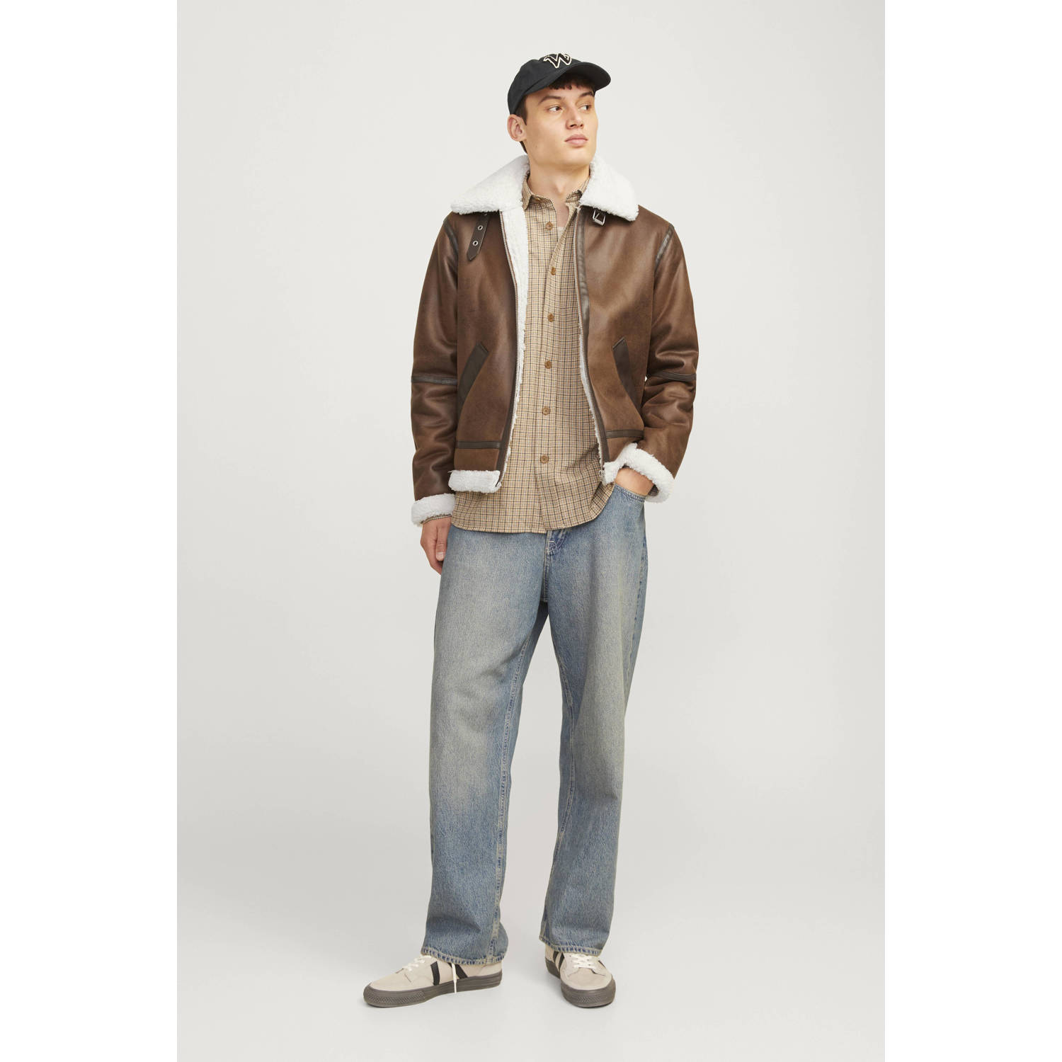 JACK & JONES ORIGINALS leren jas JORCOLE bruin