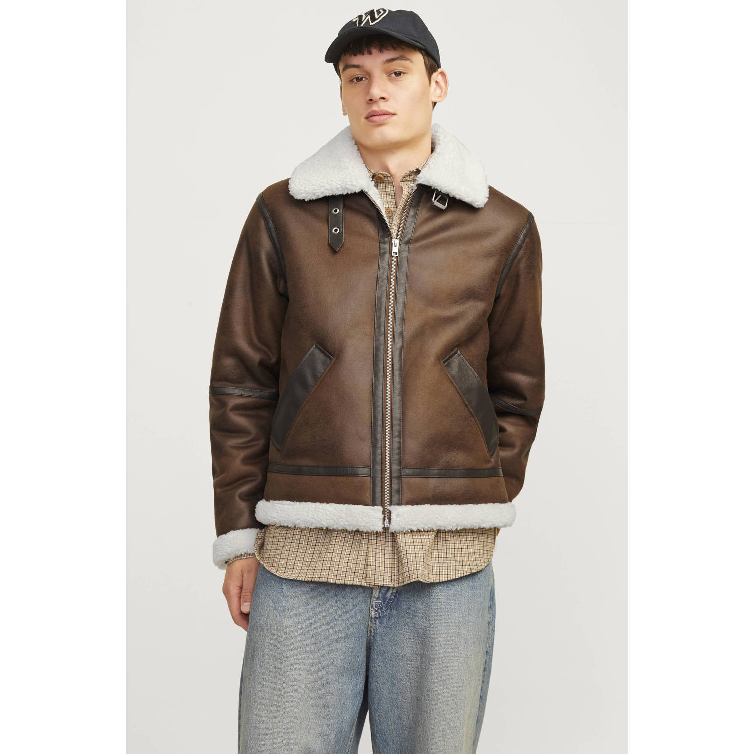 JACK & JONES ORIGINALS leren jas JORCOLE bruin