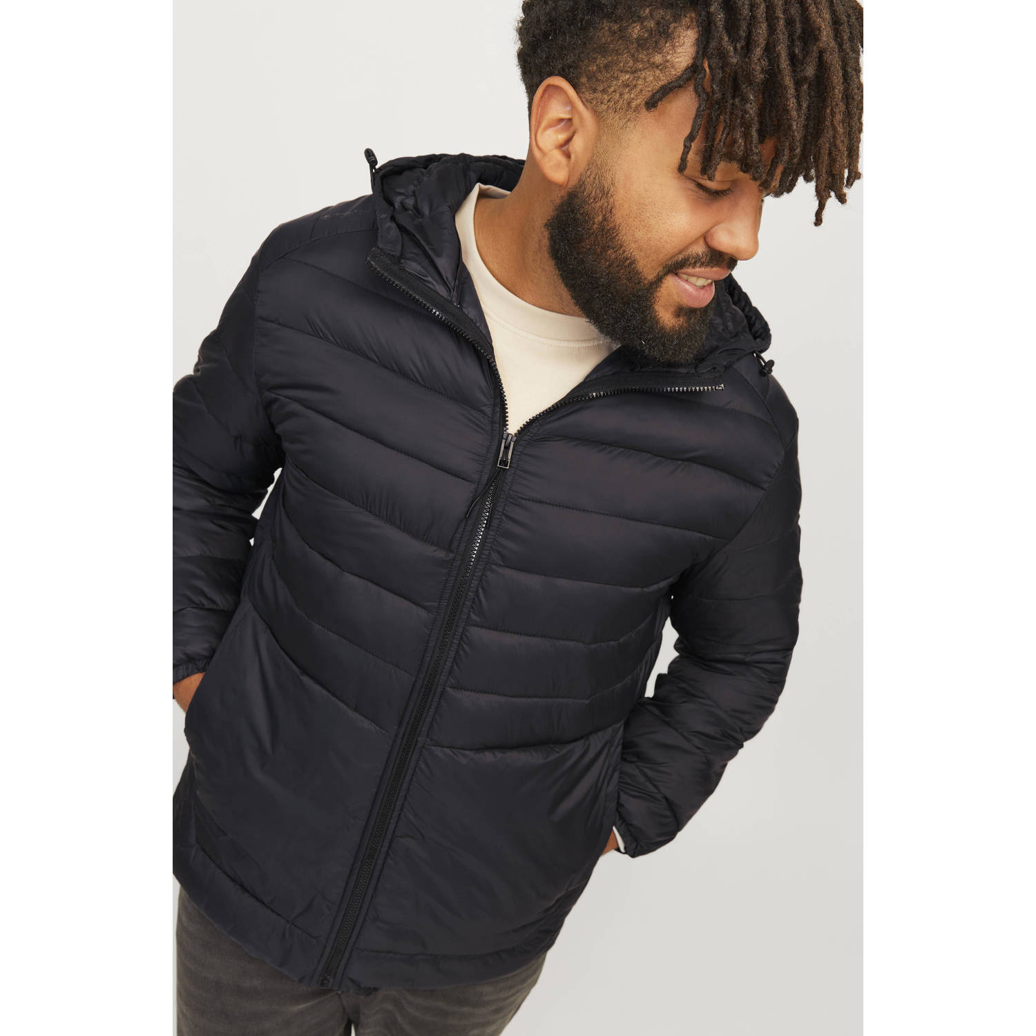 JACK & JONES PLUS SIZE quilted gewatteerde jas JJESPRINT Plus Size zwart