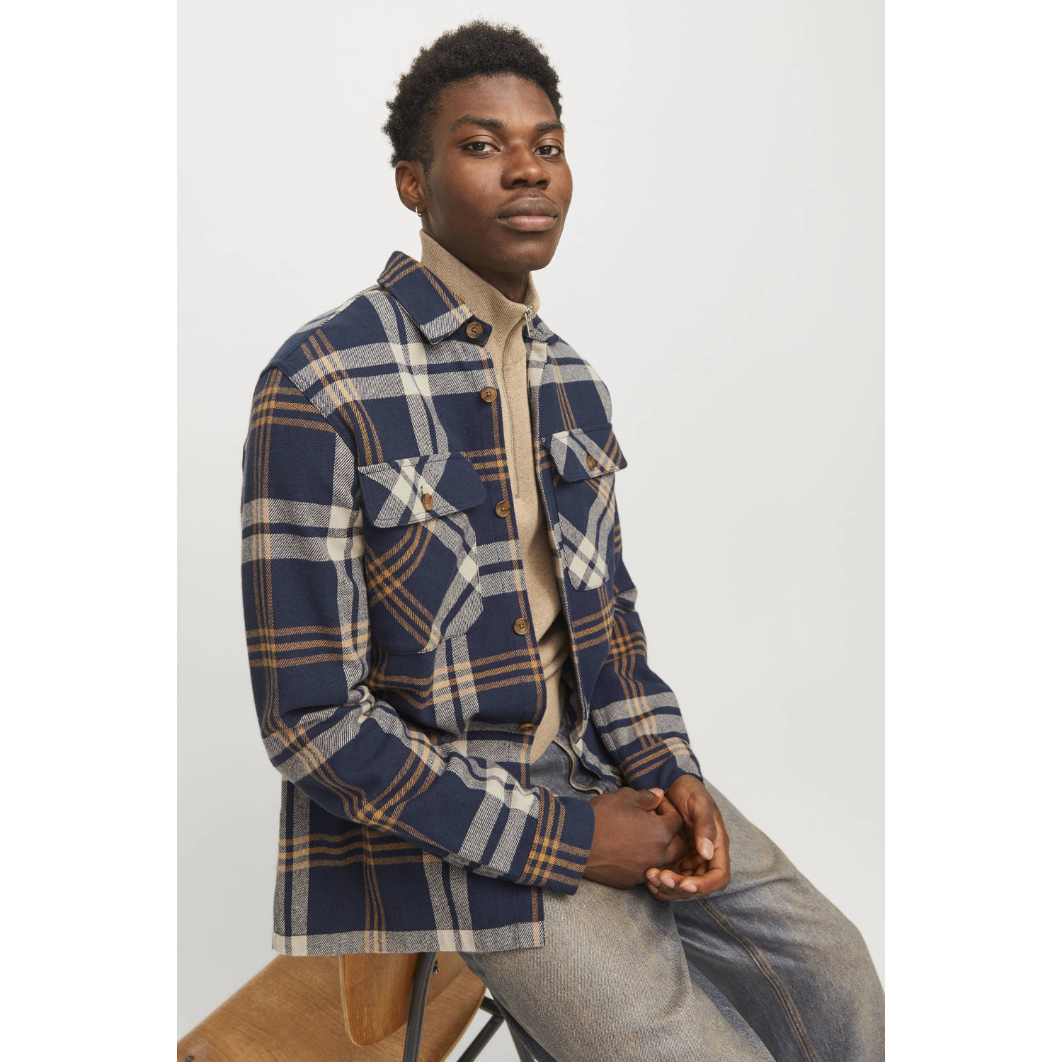JACK & JONES PREMIUM geruit regular fit overshirt JPRRAYMOND donkerblauw