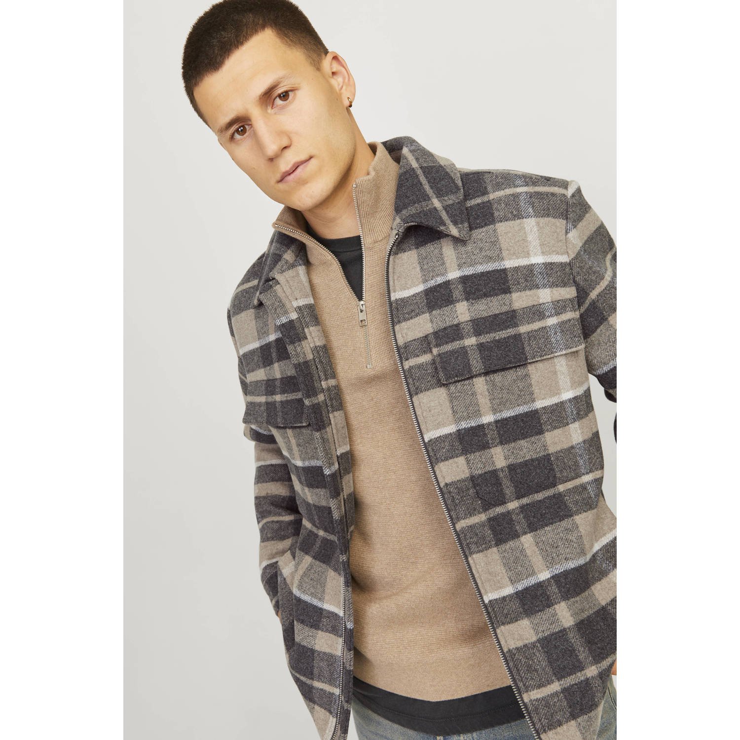 JACK & JONES PREMIUM geruite jas JPRCCRUSSEL grijs beige