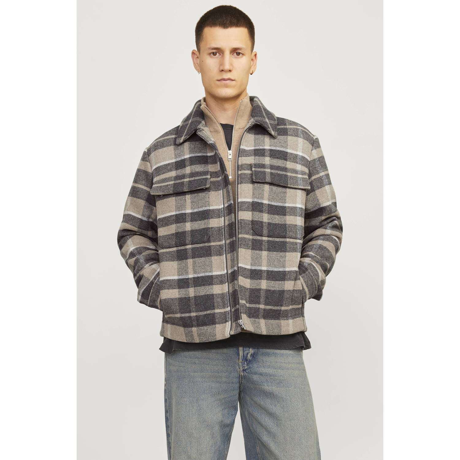 JACK & JONES PREMIUM geruite jas JPRCCRUSSEL grijs beige