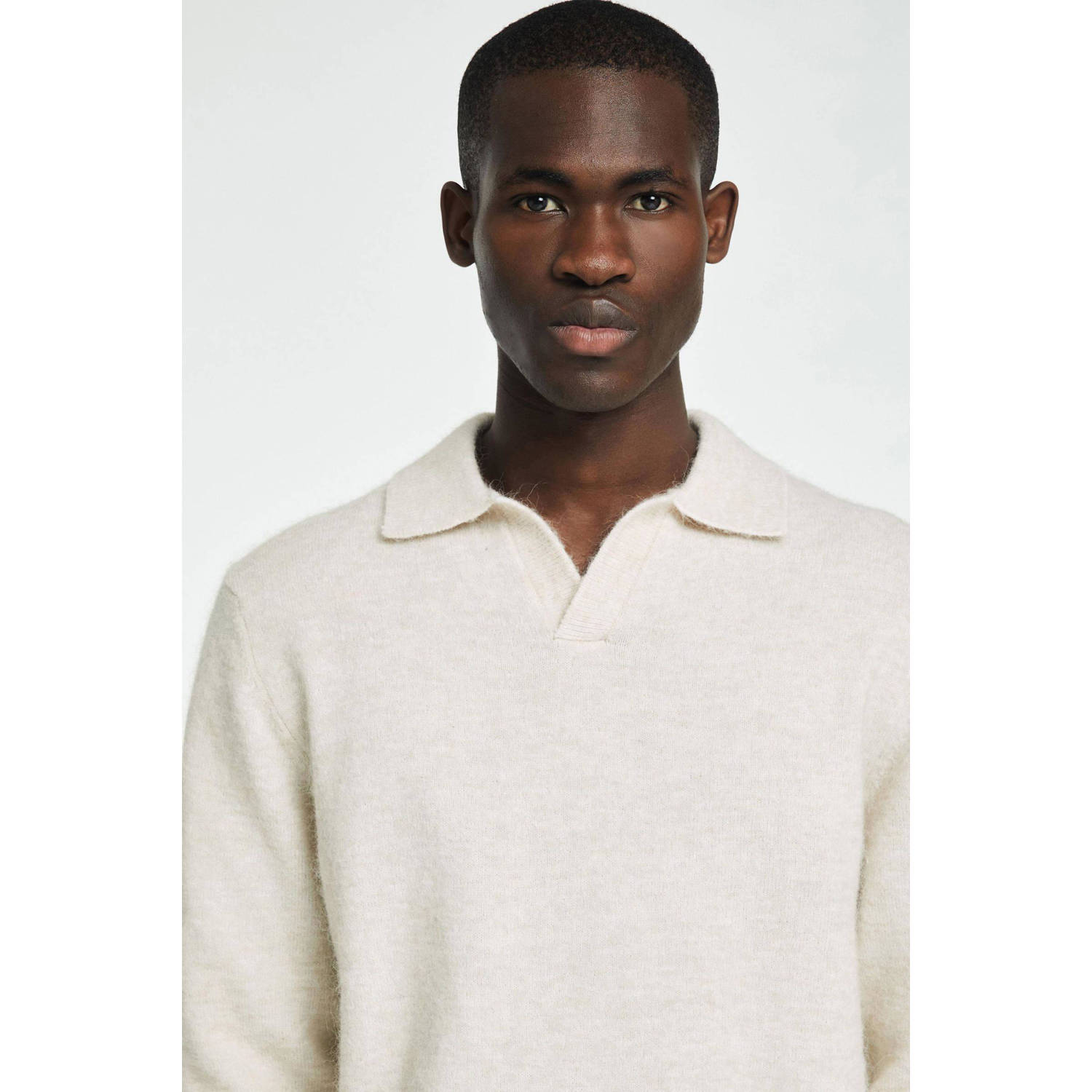 Selected Homme Gebreide Open Polo Pullover Beige Heren
