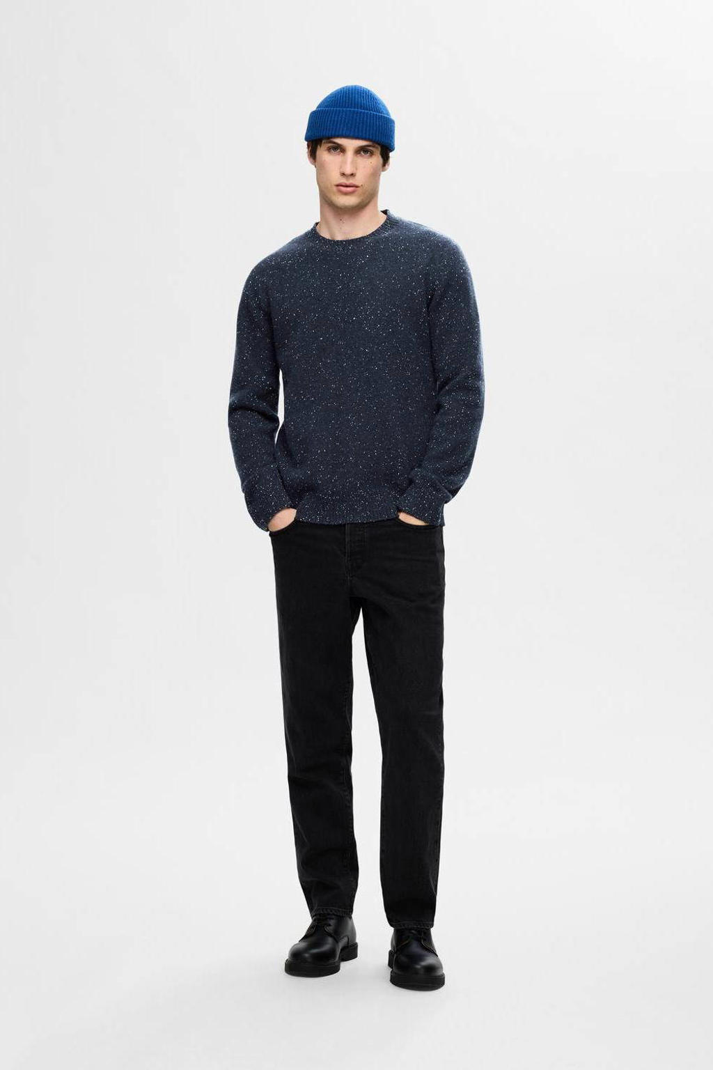 Selected wol gebreide trui SLHNEIL donkerblauw