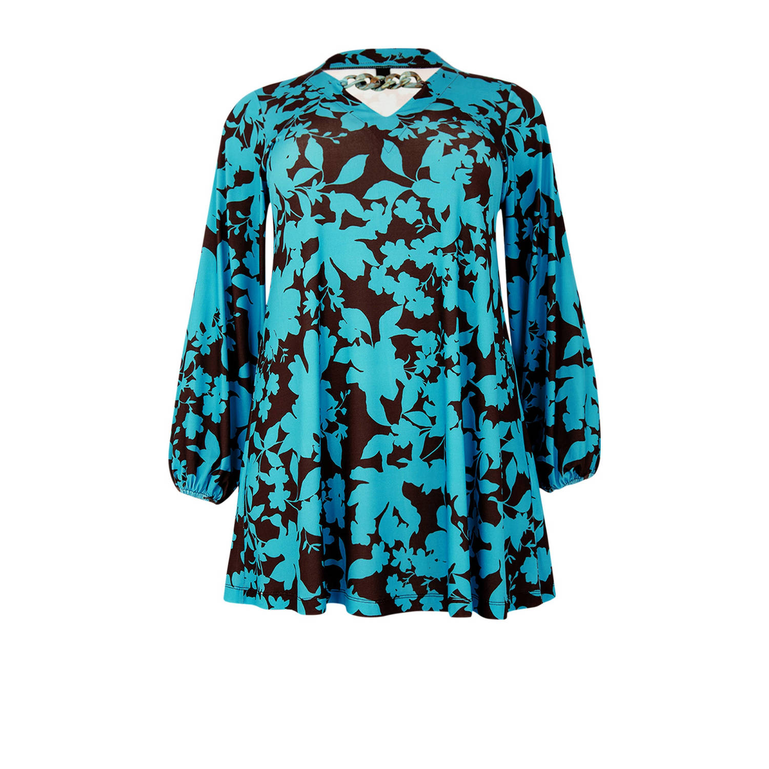 Yoek tuniek met all over print turquoise donkerbruin