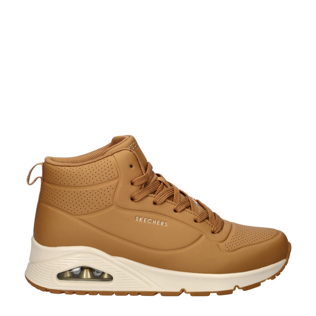 Cognackleurige dames Skechers Uno Stand High sneakers van imitatieleer met met air, veters en effen