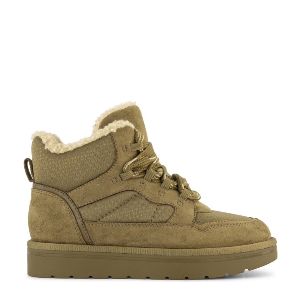 Kakikleurige dames Graceland gevoerde sneakers van imitatieleer met veters en effen