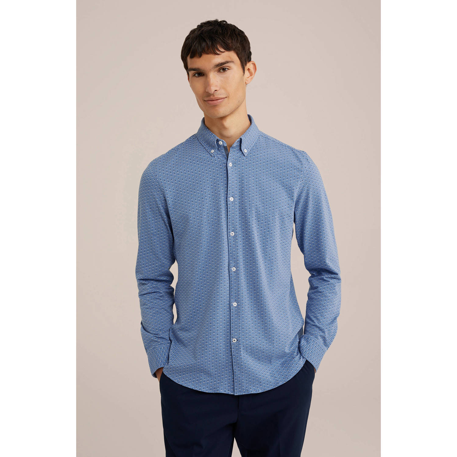 WE Fashion slim fit strijkvrij overhemd met all over print grey blue