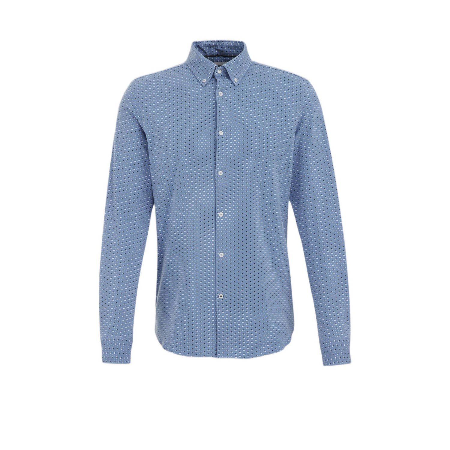 WE Fashion slim fit strijkvrij overhemd met all over print grey blue