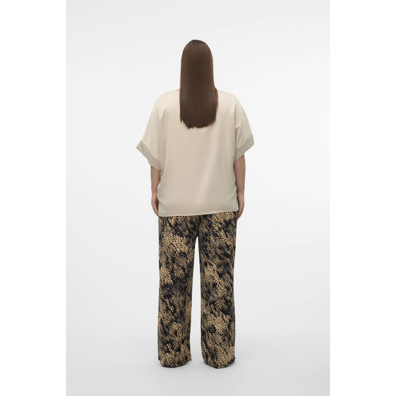 VERO MODA CURVE high waist wide leg broek VMCOFREYA met all over print bruin zwart