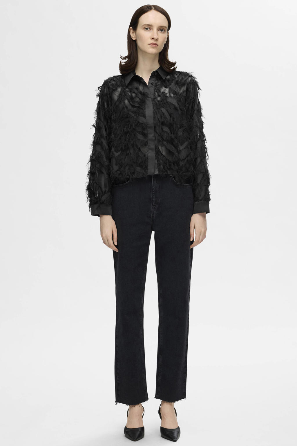 Zwarte dames SELECTED FEMME blouse van polyester met effen, lange mouwen, klassieke kraag, knoopsluiting en textuur