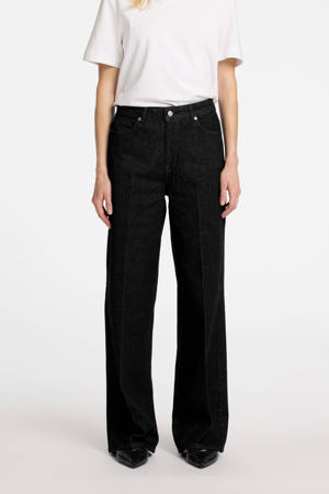 high waist straight leg jeans dark blue denim