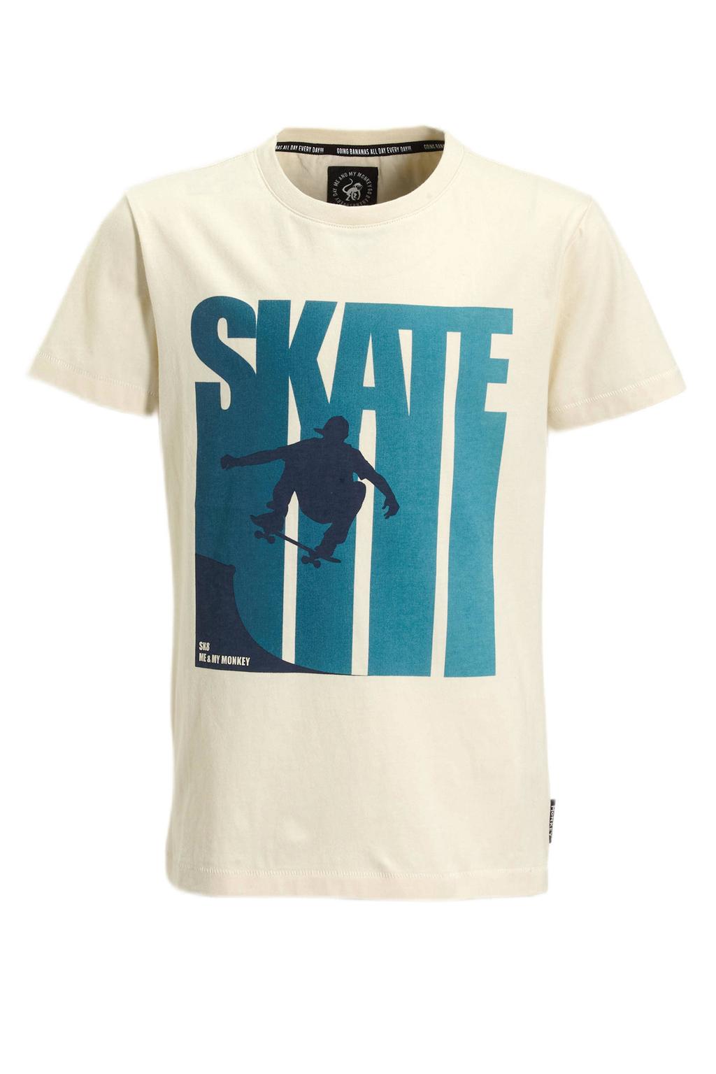 Zandkleurige jongens Me & My Monkey T-shirt van katoen met printopdruk, korte mouwen en ronde hals
