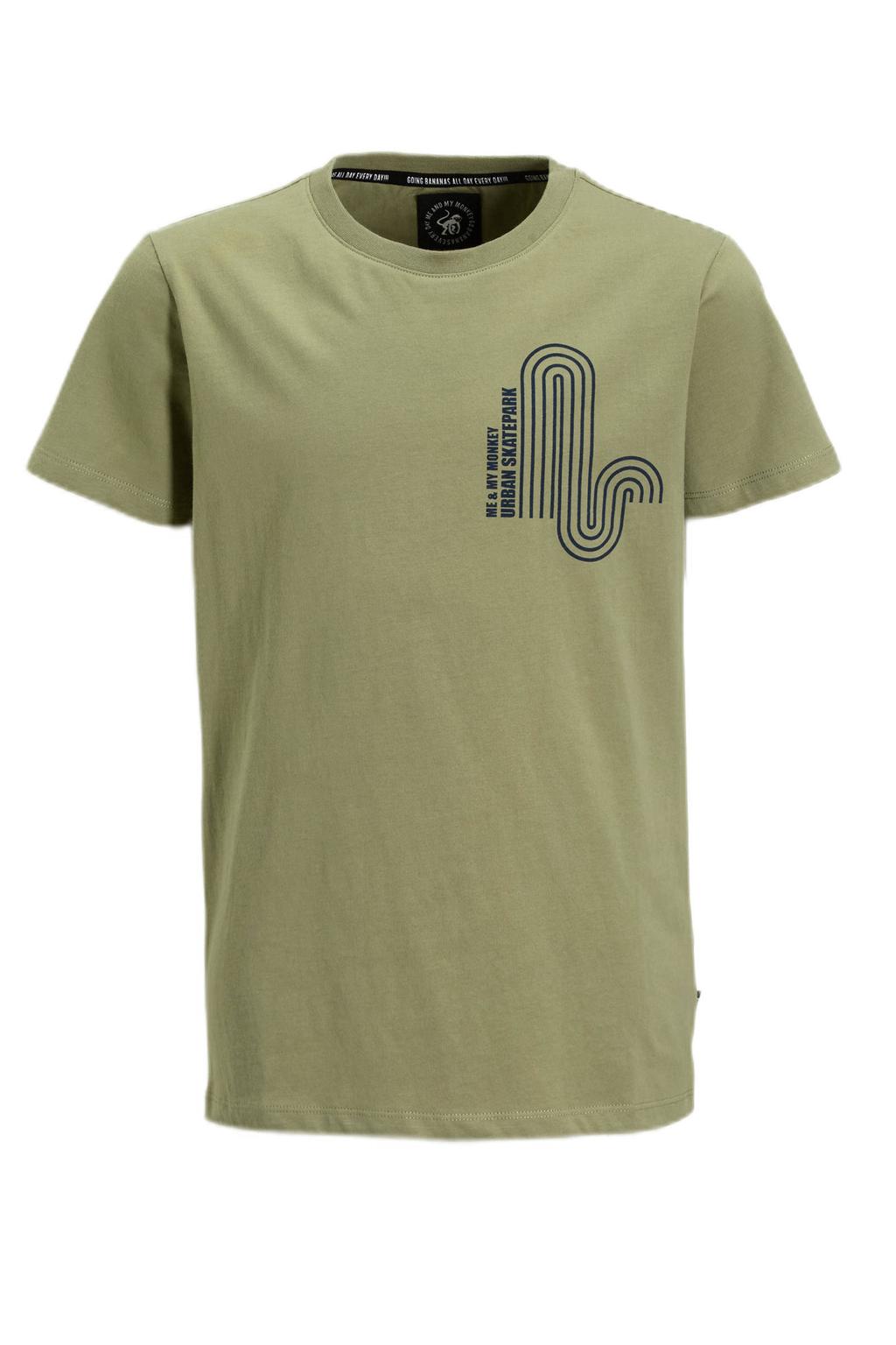 Kakikleurige jongens Me & My Monkey T-shirt van sweat materiaal met printopdruk, korte mouwen en ronde hals