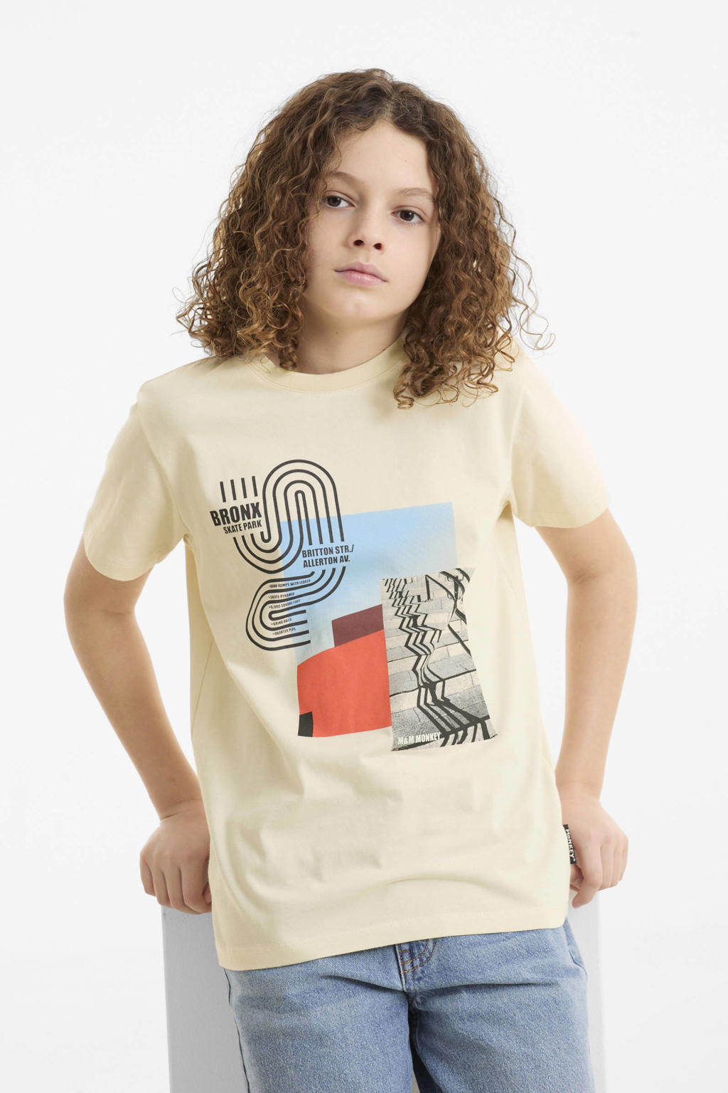 Zandkleurige jongens Me & My Monkey T-shirt van katoen met printopdruk, korte mouwen en ronde hals