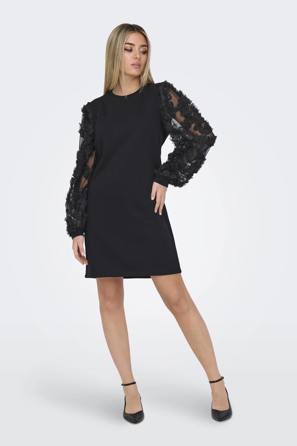 Zwarte dames JDY jurk van sweat materiaal met effen, lange mouwen, ronde hals en mesh
