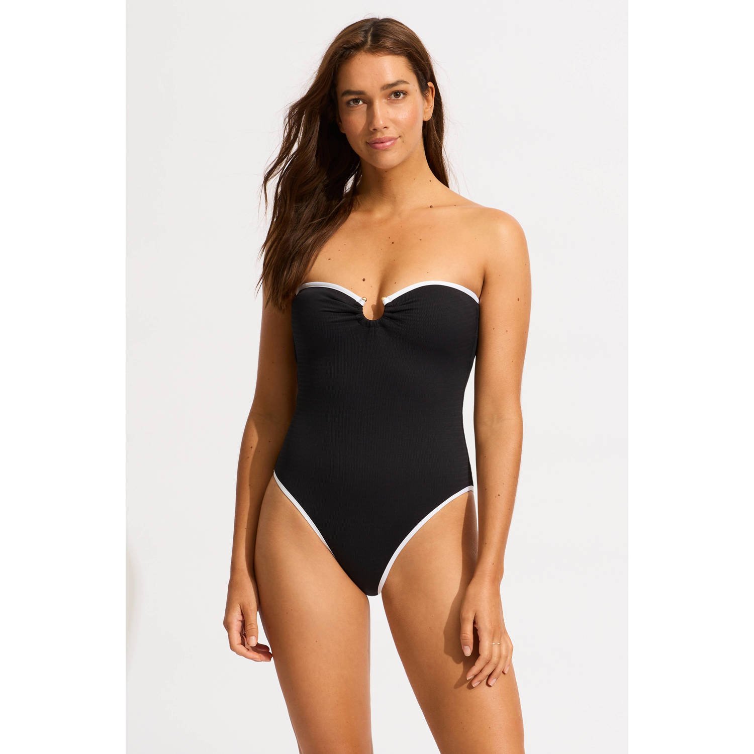 Seafolly Beach Bound strapless bandeau badpak zwart ecru
