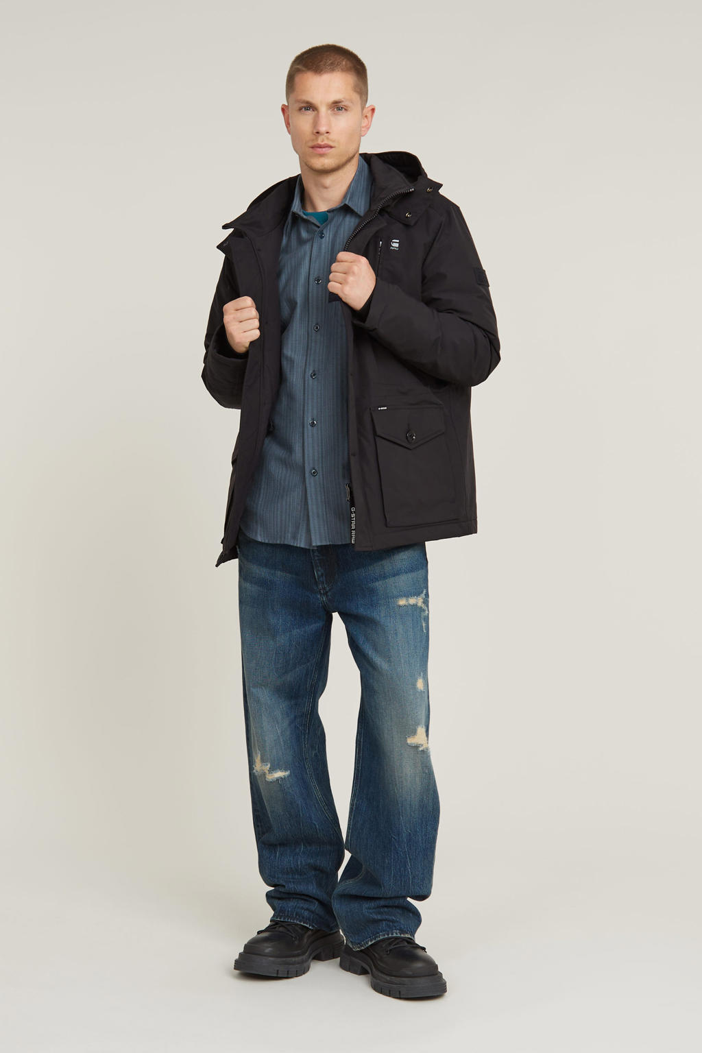 Blauwe heren G-STAR gemêleerd slim fit overhemd Bristum 2.0 van katoen met strepenprint, lange mouwen en klassieke kraag