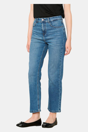 high waist straight leg jeans medium blue denim