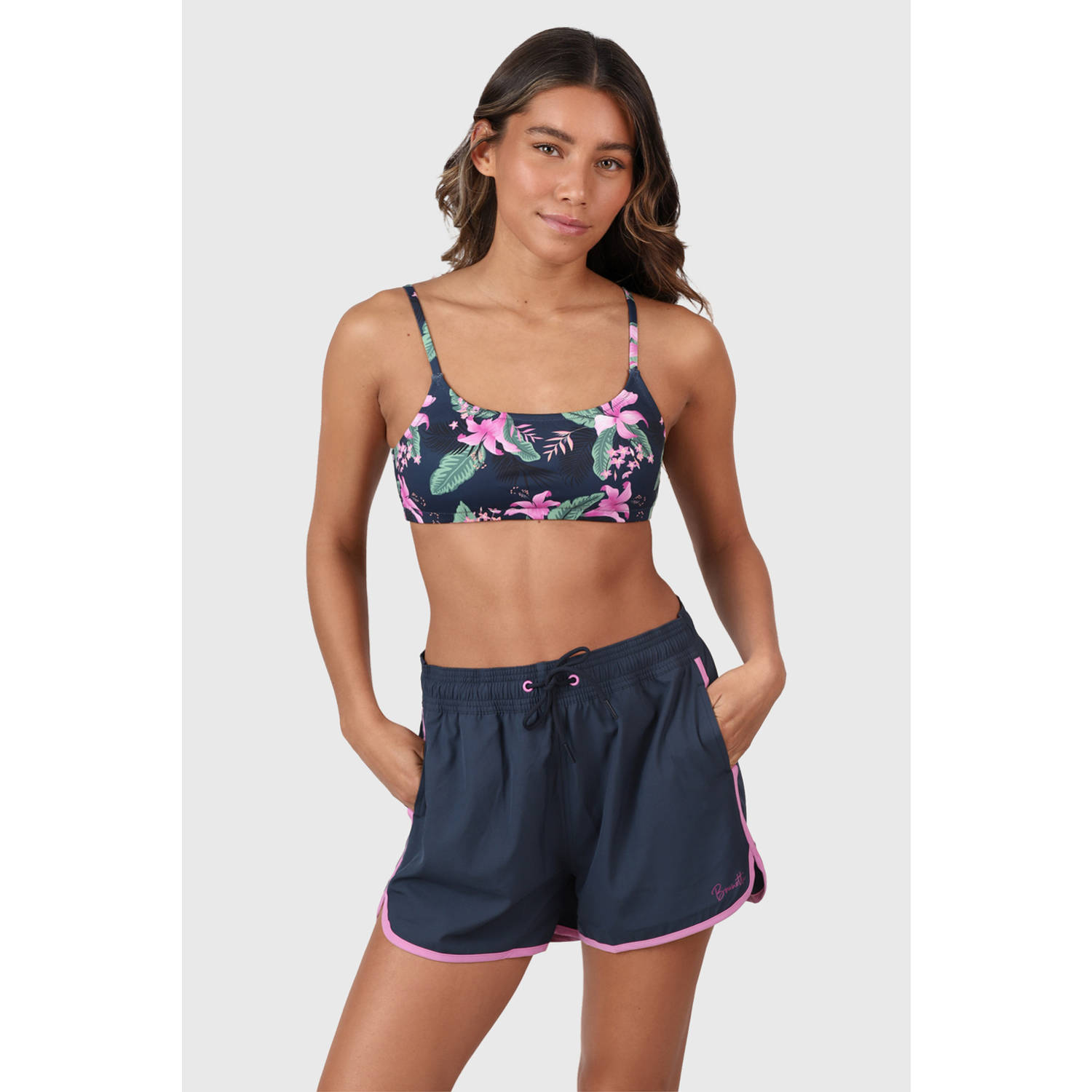Brunotti voorgevormde crop bikinitop Cruz donkerblauw roze