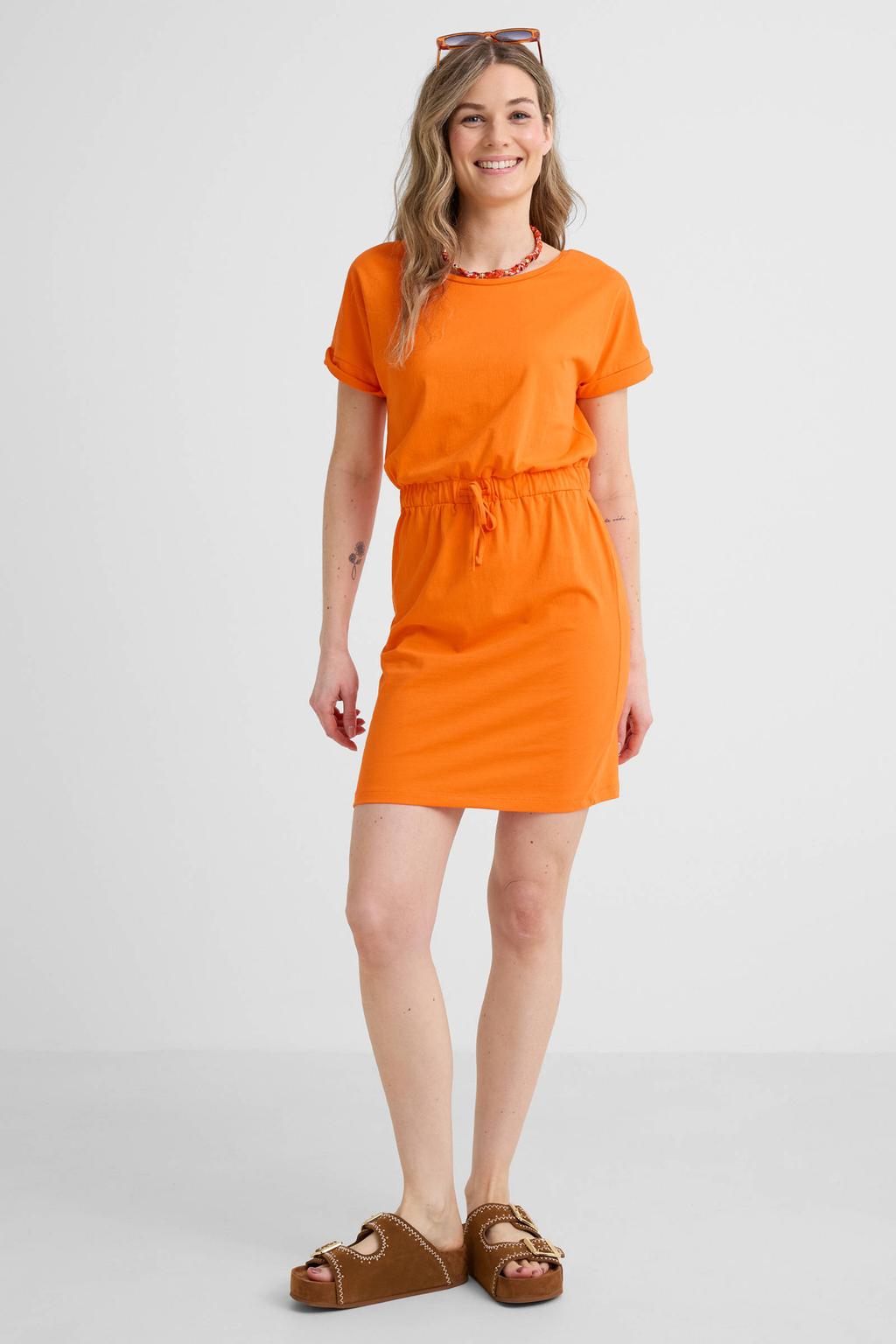 Oranje dames Anytime T-shirtjurk van katoen met effen, korte mouwen en ronde hals