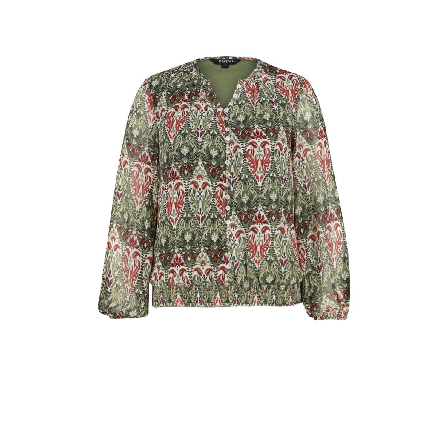 MS Mode blouse met all over print kaki.rood ecru