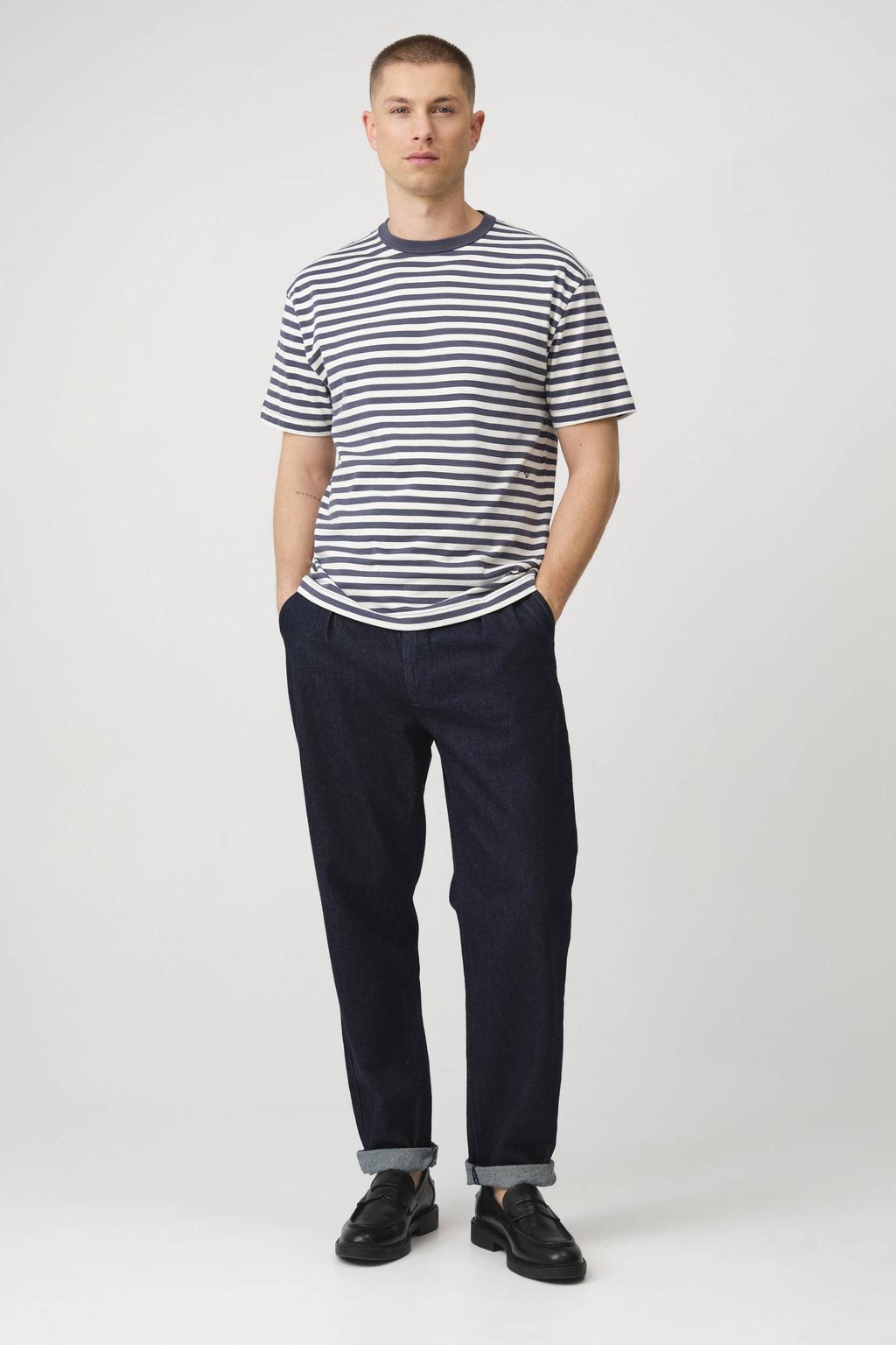 Grijsblauwe heren J.C. Rags T-shirt blauw van katoen met strepenprint, korte mouwen en ronde hals