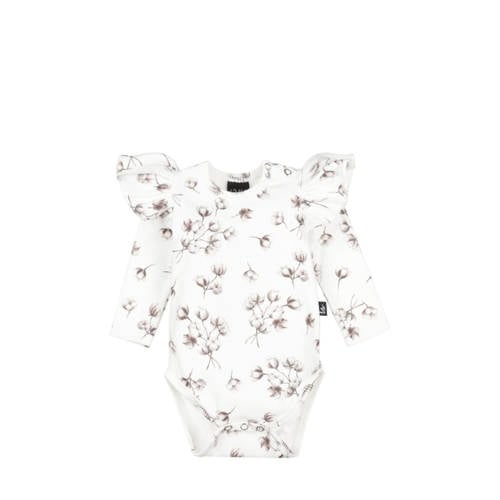 Babystyling romper rmet ruches offwhite/grijsbruin afbeelding