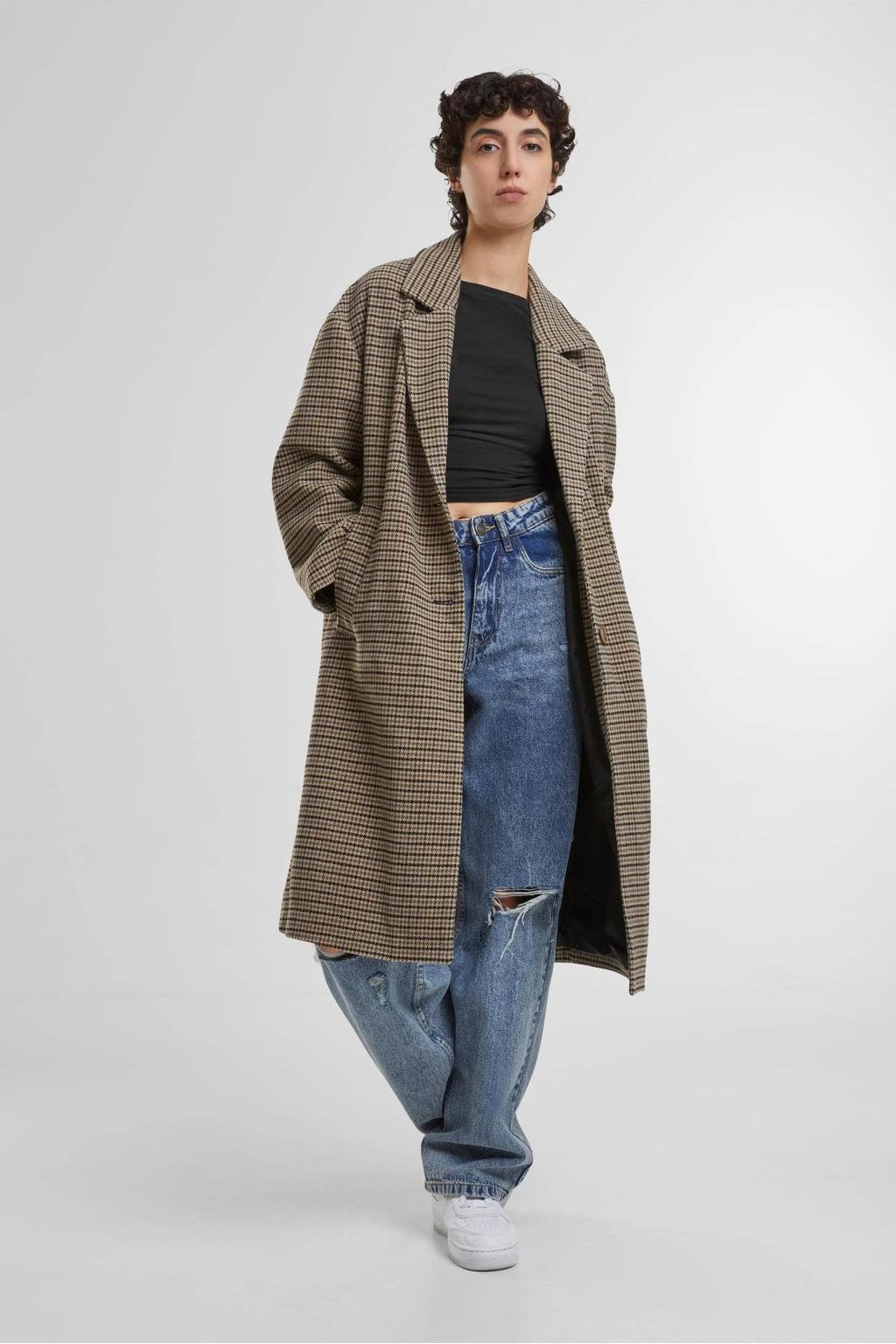 Beige en zwarte dames Urban Classics Curvy manteljas van polyester met ruitenprint, lange mouwen, reverskraag en knoopsluiting