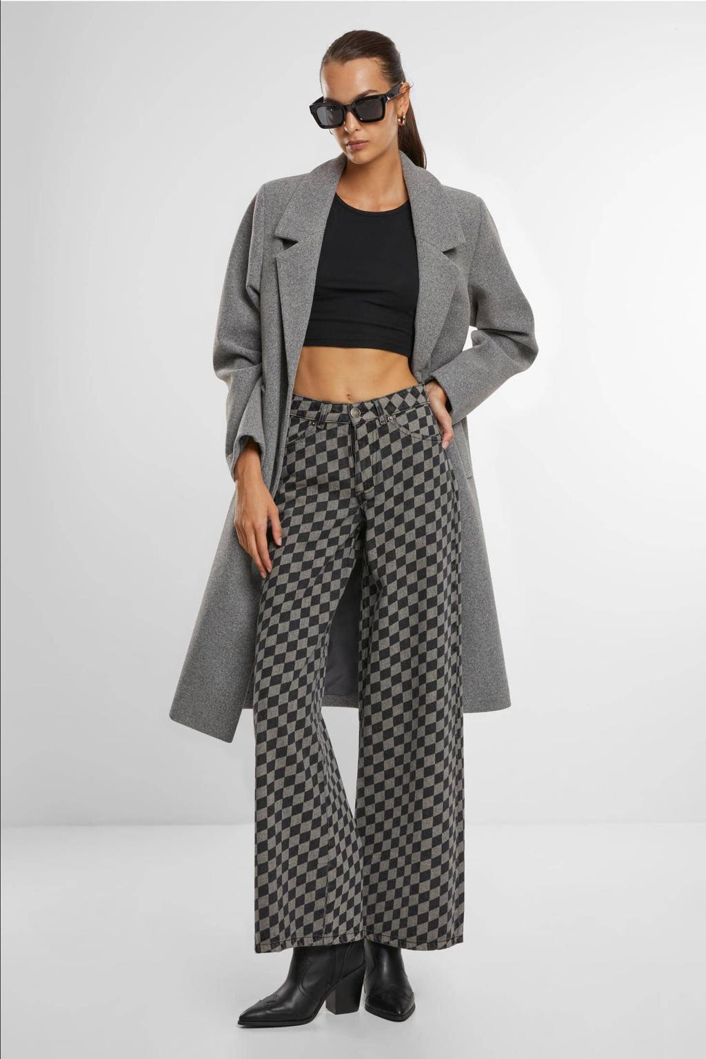 Grijs melange dames Urban Classics Curvy manteljas melange van polyester met effen, lange mouwen, reverskraag en knoopsluiting