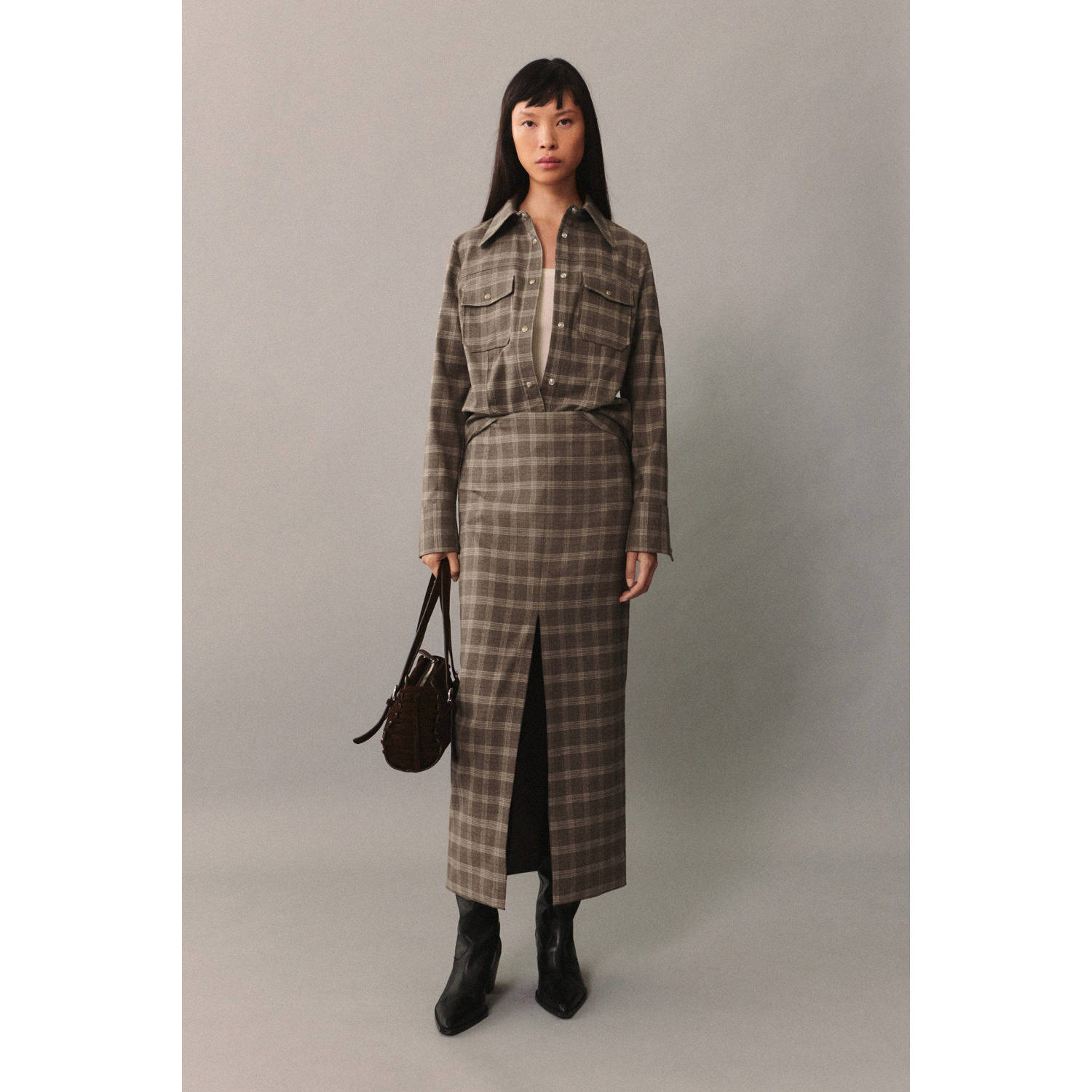 Mango geruite blouse bruin