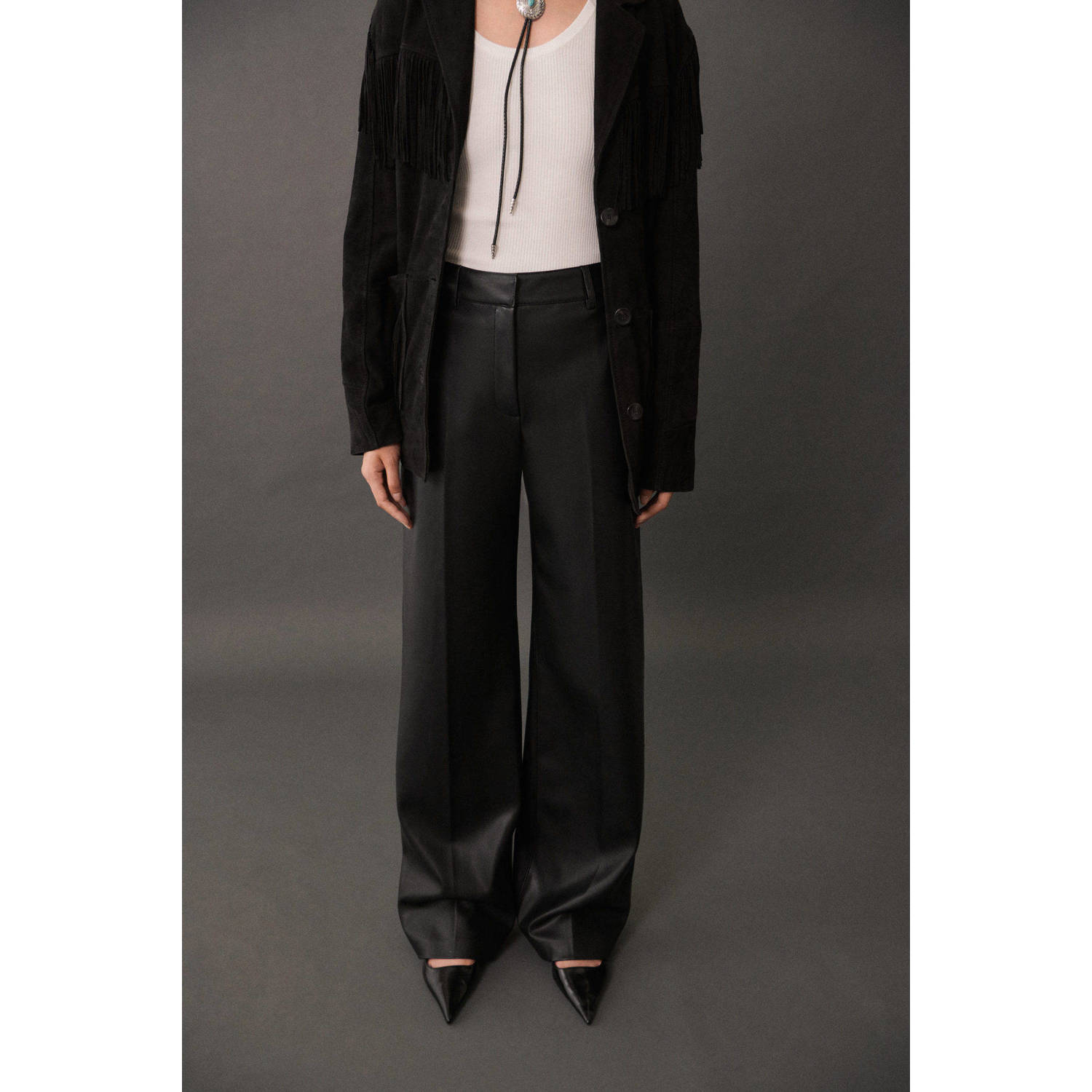 Mango imitatieleren wide leg broek zwart