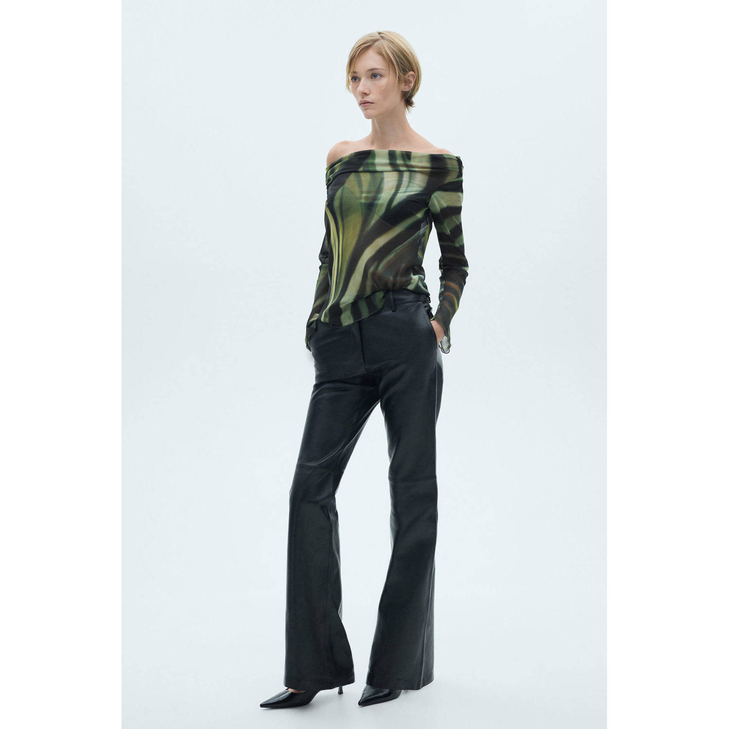 Mango mesh top met all over print groen zwart