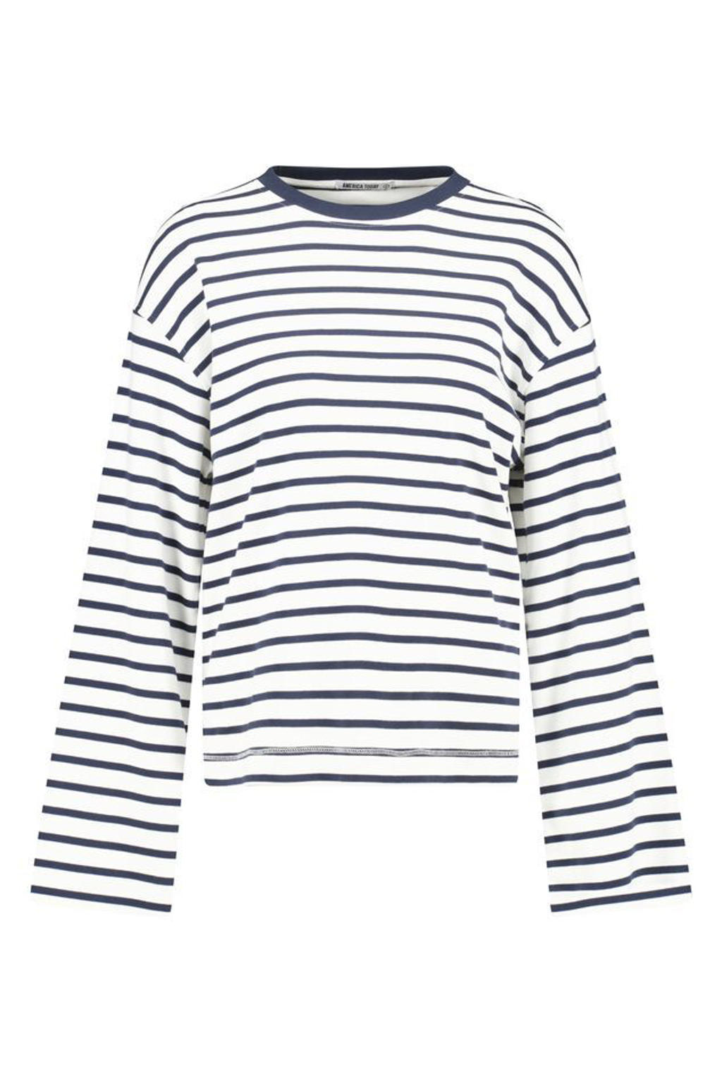 Blauwe dames America Today sweater met strepenprint, lange mouwen en ronde hals