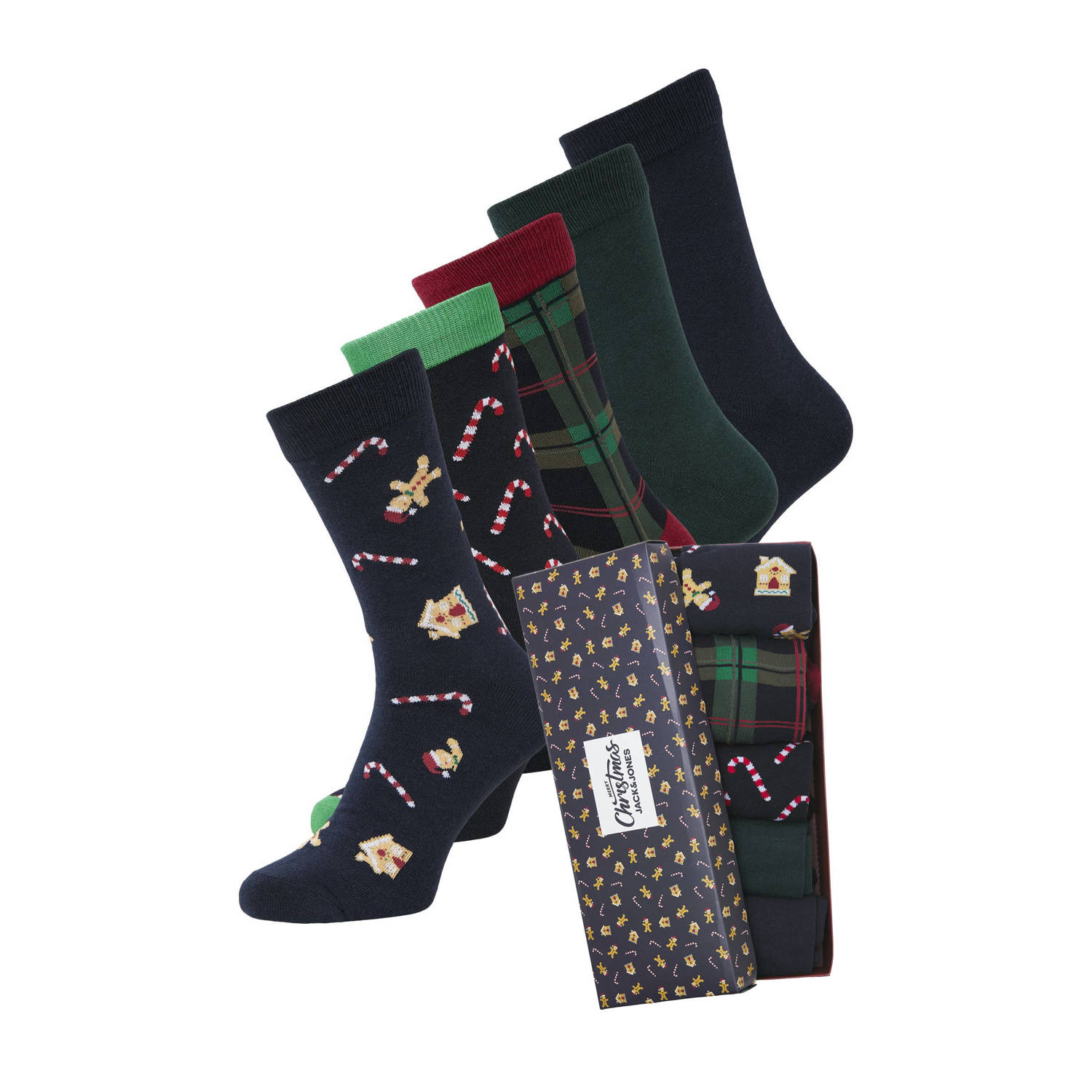 JACK & JONES giftbox sokken JACXMAS set van 5 donkergroen