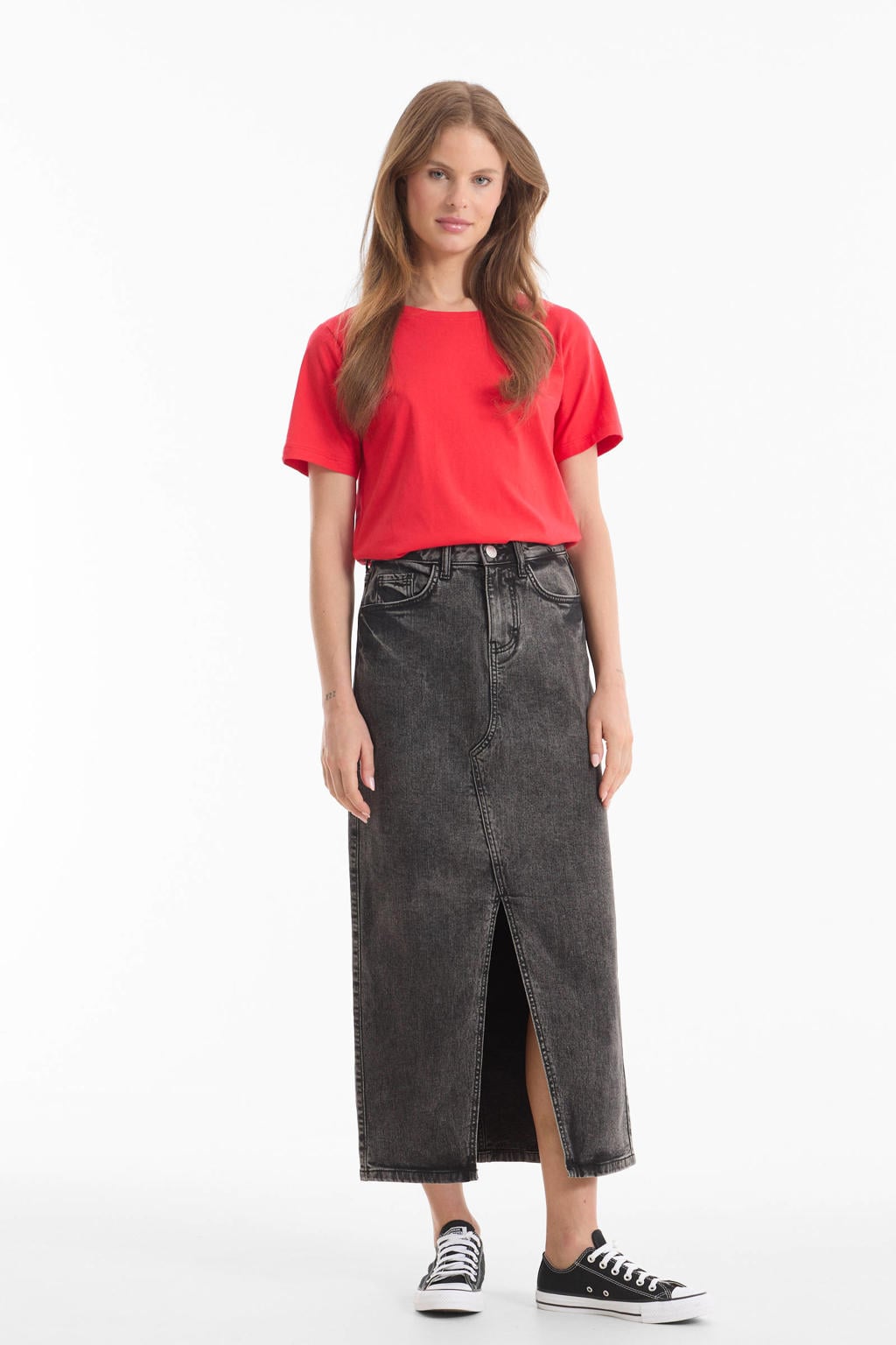 Grey denim dames Anytime rok gemaakt van stretchdenim en met rits- en knoopsluiting