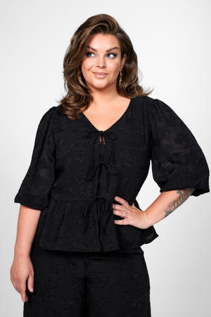 jacquard blousetop met strik zwart
