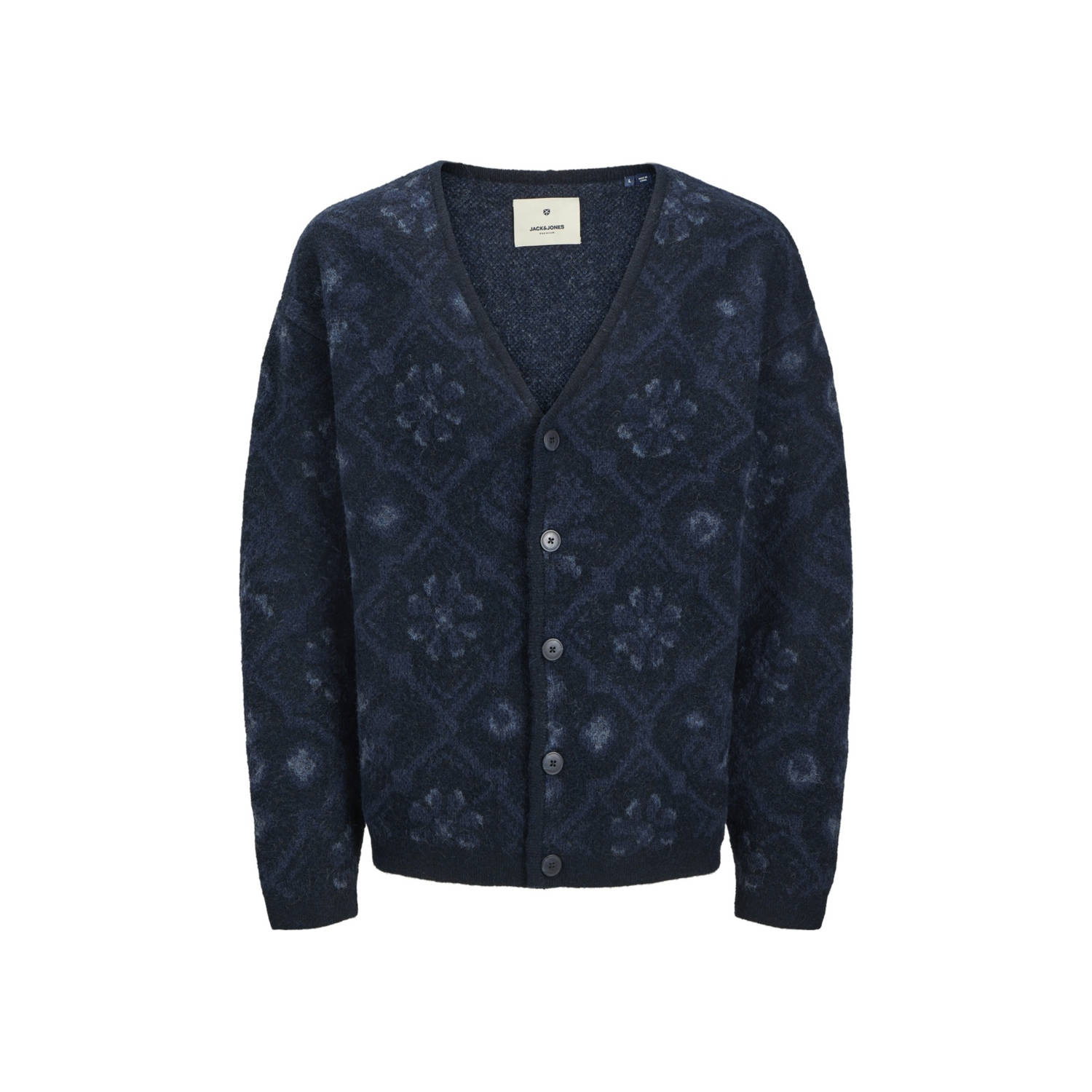 JACK & JONES PREMIUM fijngebreid vest met wol en all over print donkerblauw