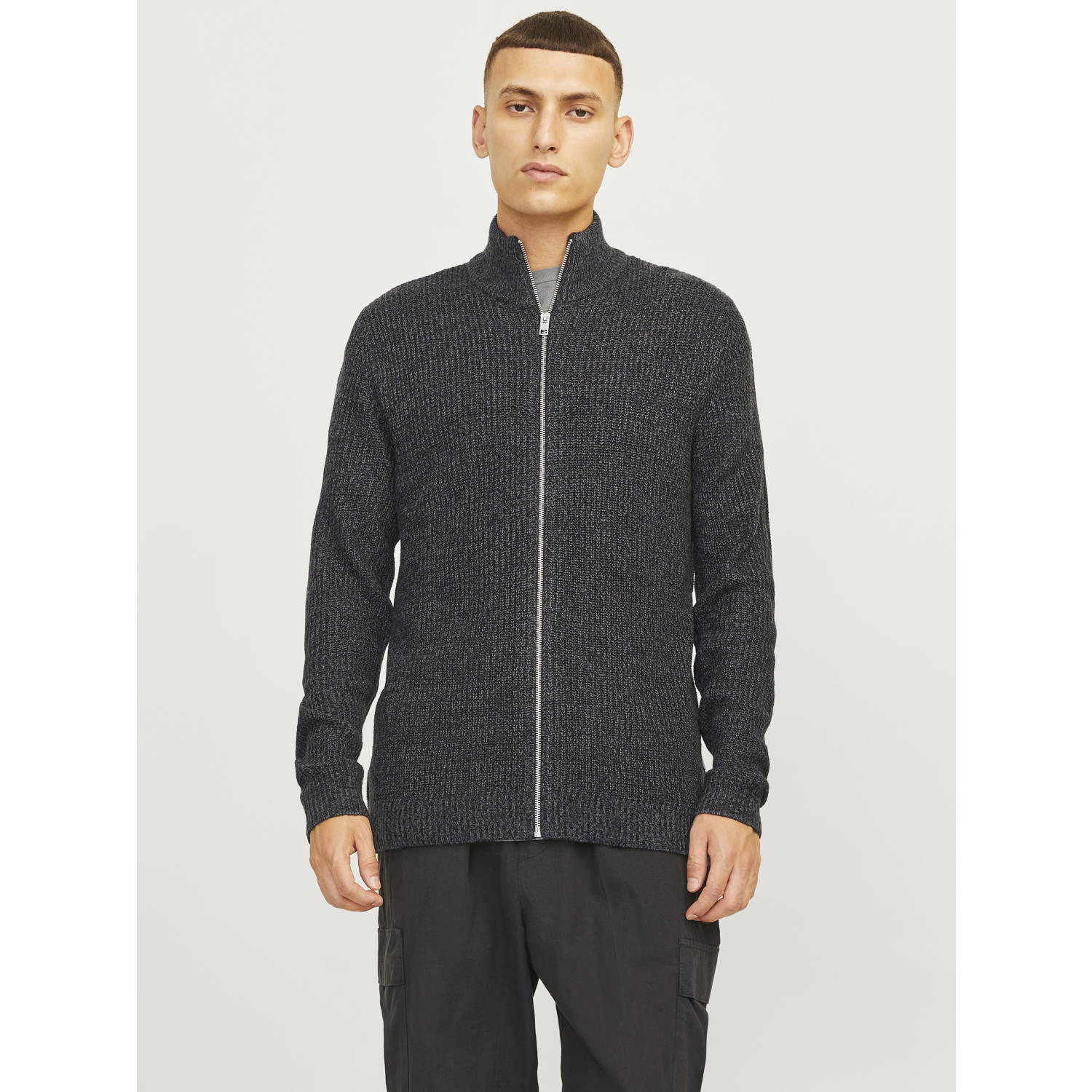 JACK & JONES ESSENTIALS gemêleerd ribgebreid vest JJELEWIS zwart