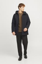 thumbnail: Zwarte heren JACK & JONES ESSENTIALS gewatteerde winterjas van polyester met effen, lange mouwen, capuchon en ritssluiting