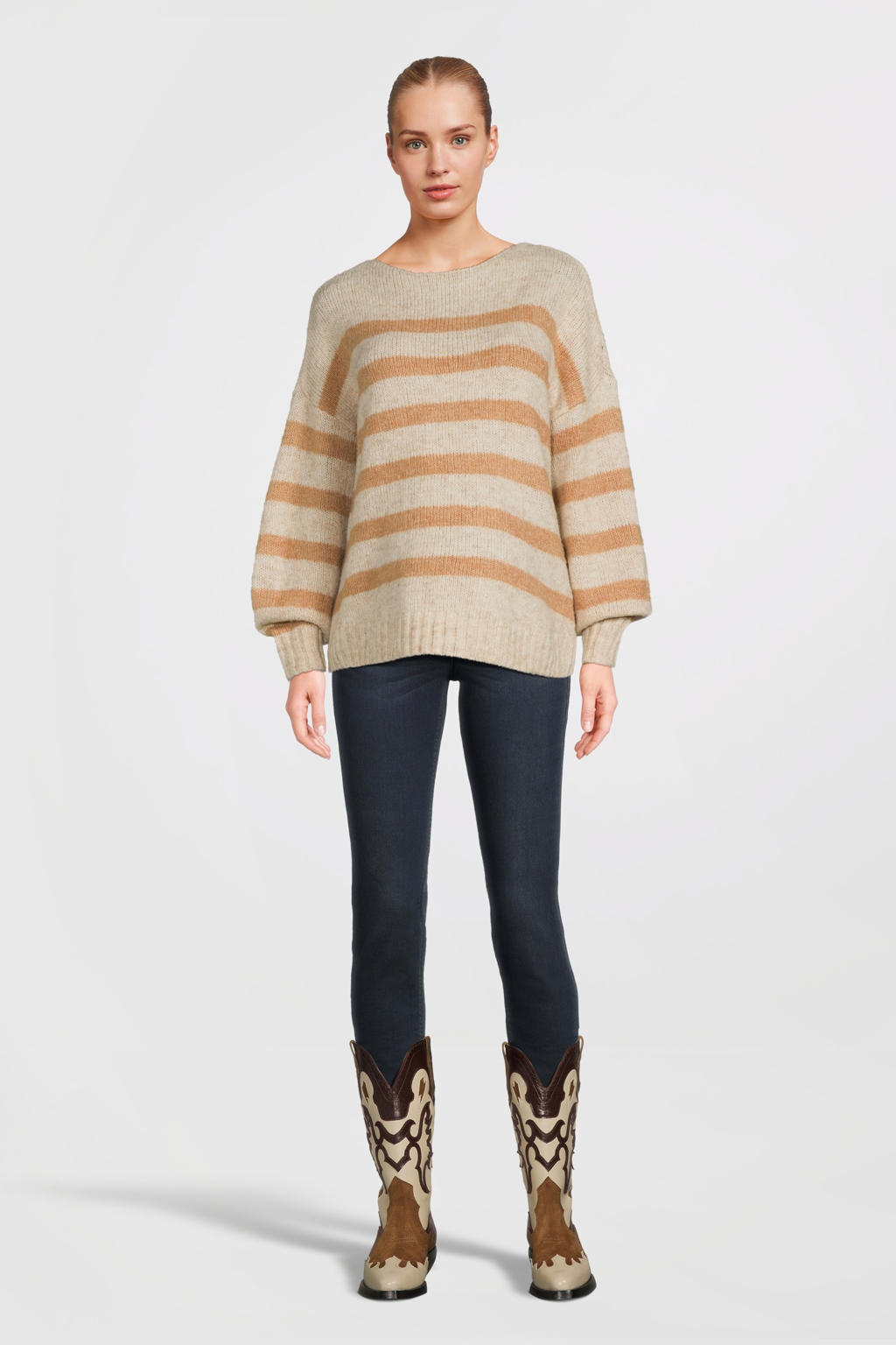 Beige en bruine dames ONLY MATERNITY gebreide zwangerschapstrui van polyester met strepenprint, lange mouwen en ronde hals