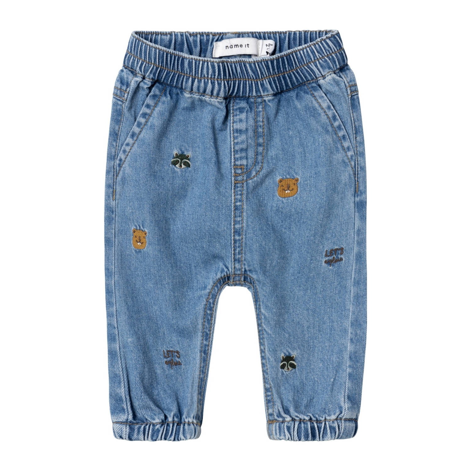 NAME IT BABY loose fit jeans NBMBEN met all over print en borduursels medium blue denim