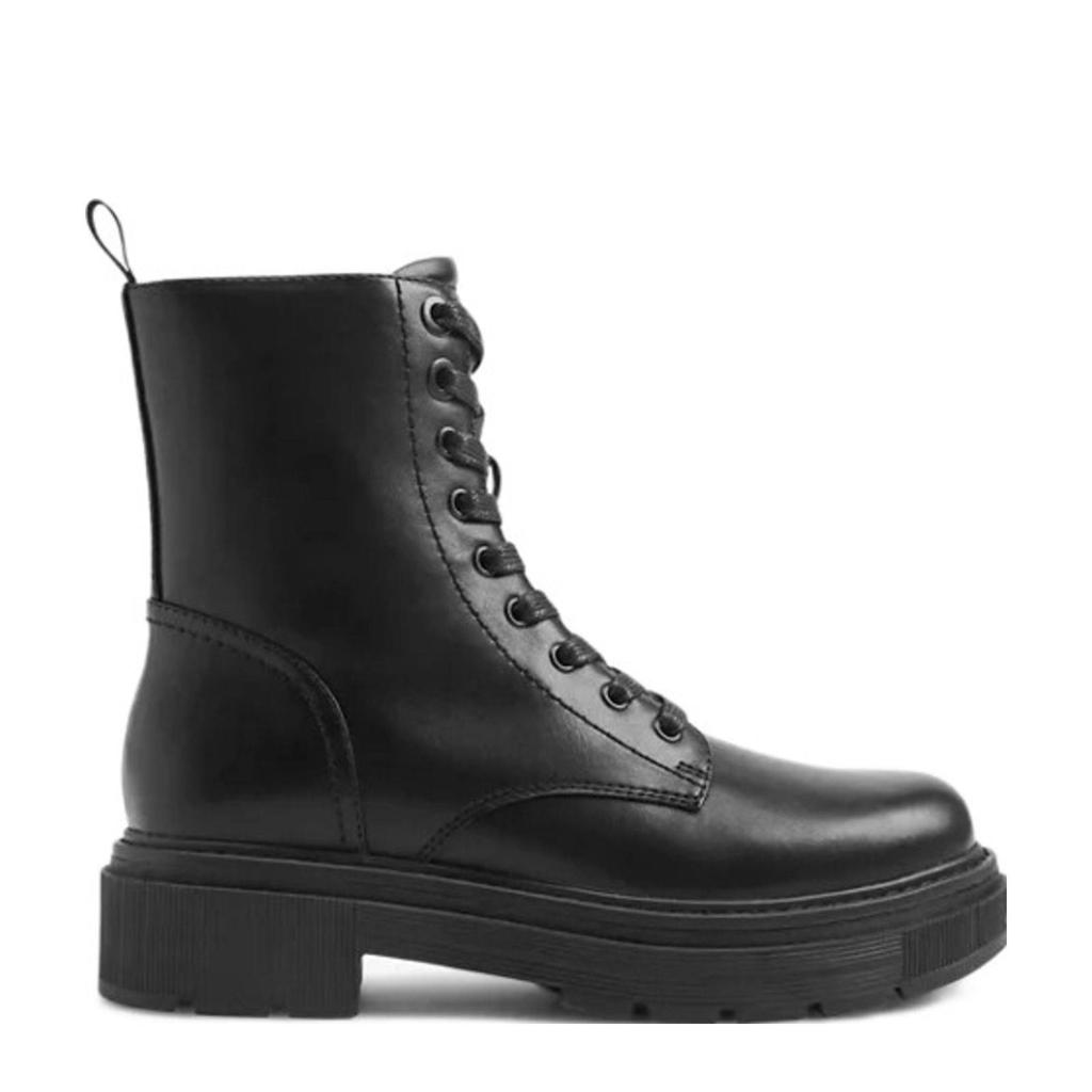 Zwarte dames Graceland veterboots van imitatieleer met chunky hak, rits- en vetersluiting en effen