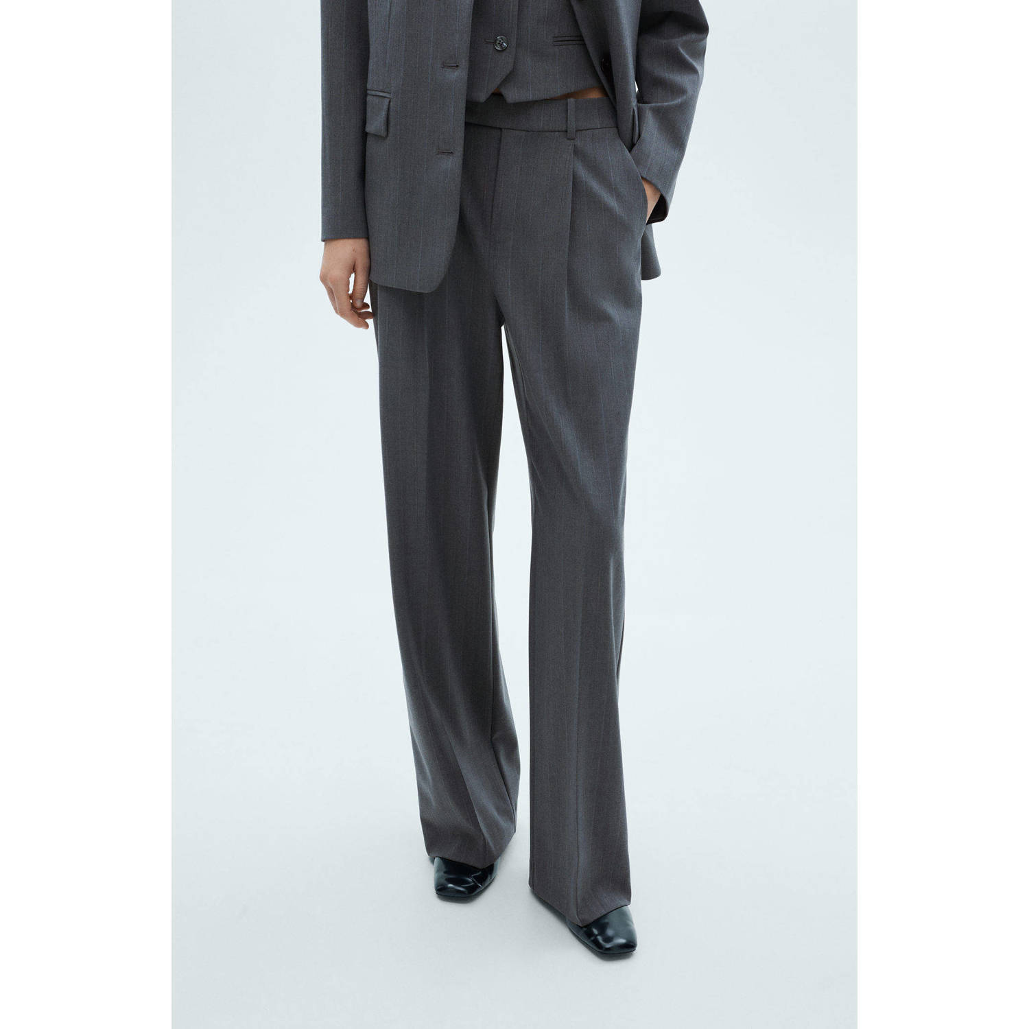 Mango wide leg broek met krijtstreep grijs
