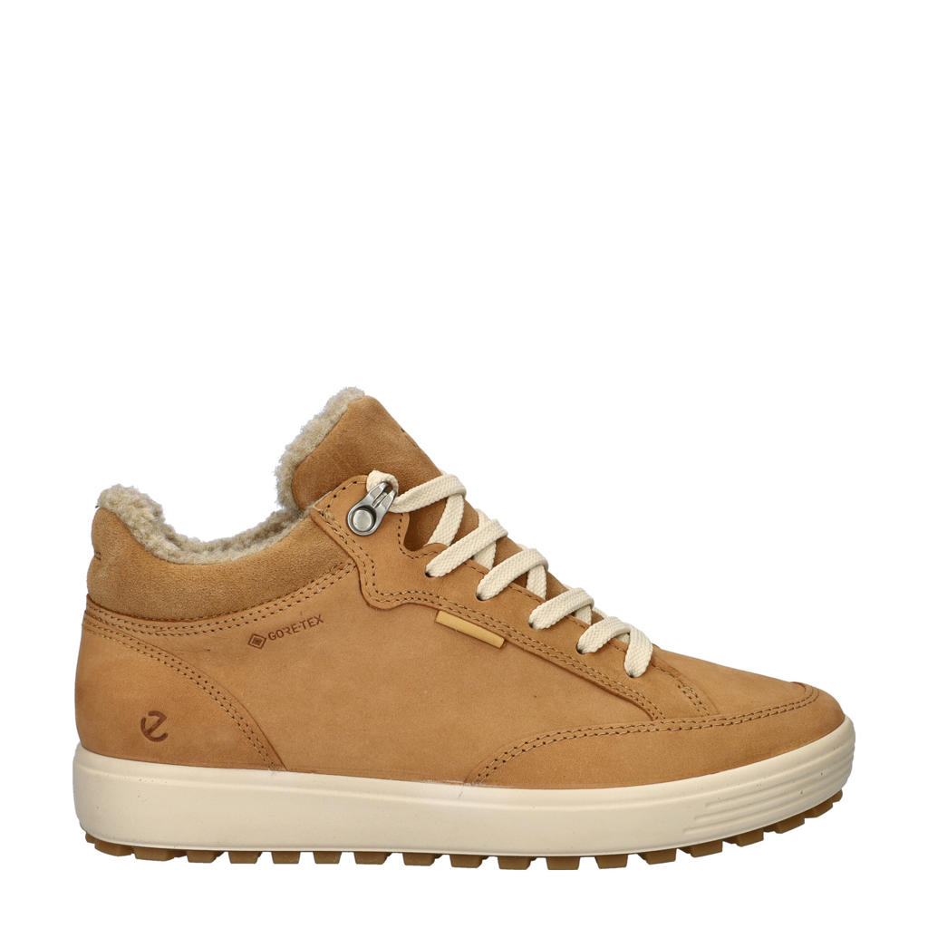 Camelkleurige dames Ecco Soft 7 Tred gevoerde nubuck sneakers met veters en effen