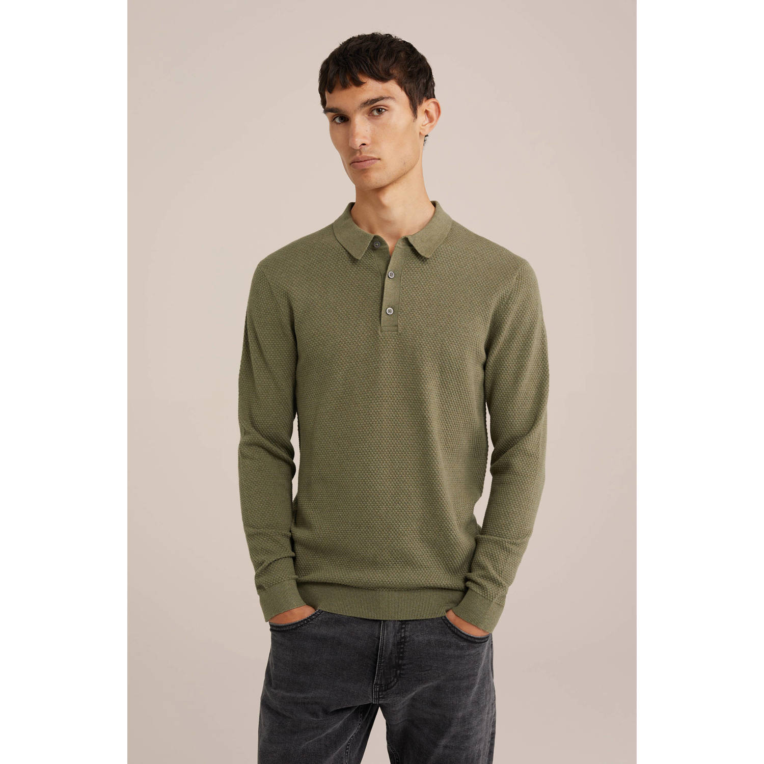 WE Fashion gebreide polo met ingebreid patroon loden green