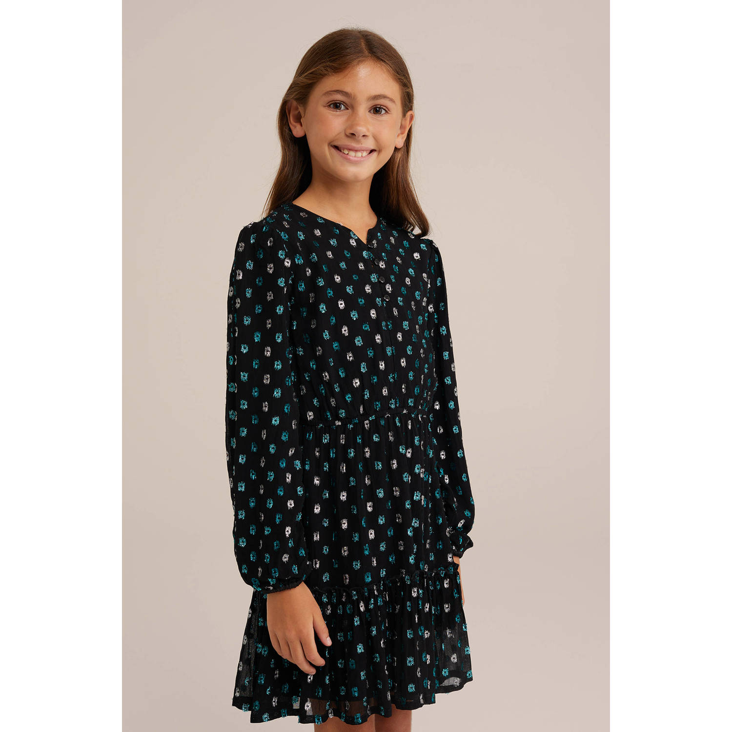 WE Fashion blousejurk met stippen en glitters zwart blauw zilver