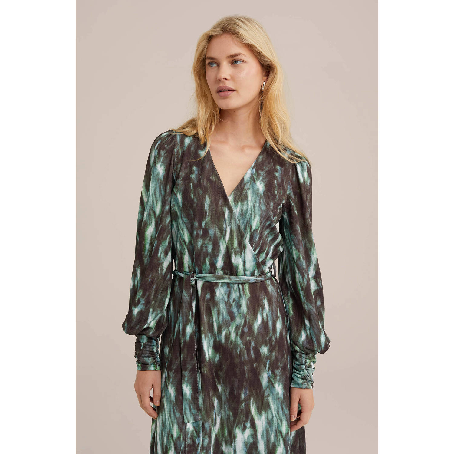 WE Fashion blousejurk met all over print en ceintuur donkergroen