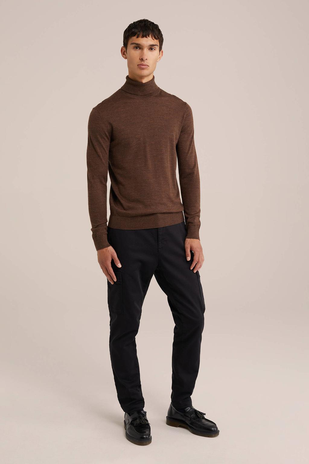 Donkerblauwe heren WE Fashion wol coltrui Deep Brown met effen en lange mouwen